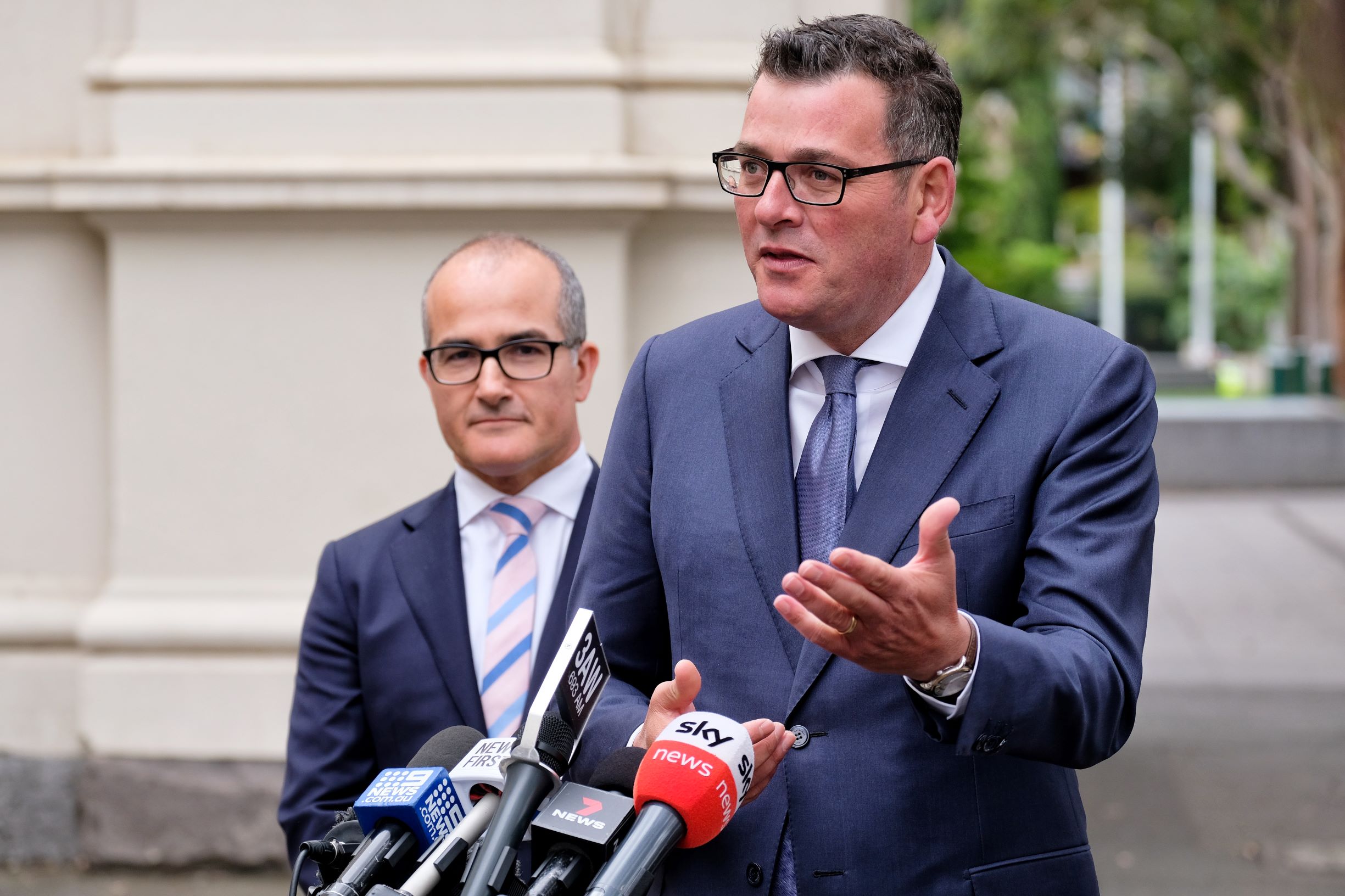 Premier Daniel Andrews and Mental Health Minister James Merlino speaking to media about the release of the final report. Premier Andrews has promised to implement all recommendations. (AAP Image/Luis Ascui)