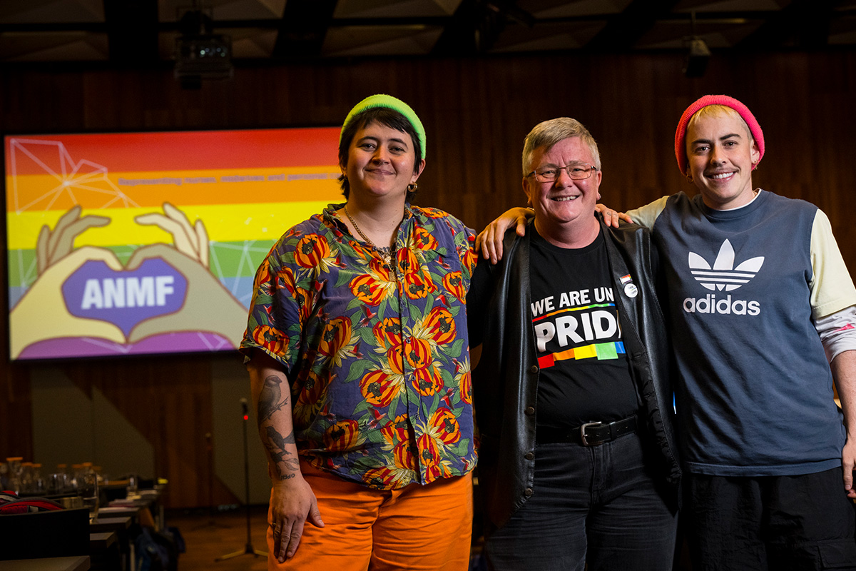 LGBTQIA+ reference group founding members Hazy Nagel, Mel Carron and Jem Light at the 2023 delegates conference. Photo: Christopher Hopkins