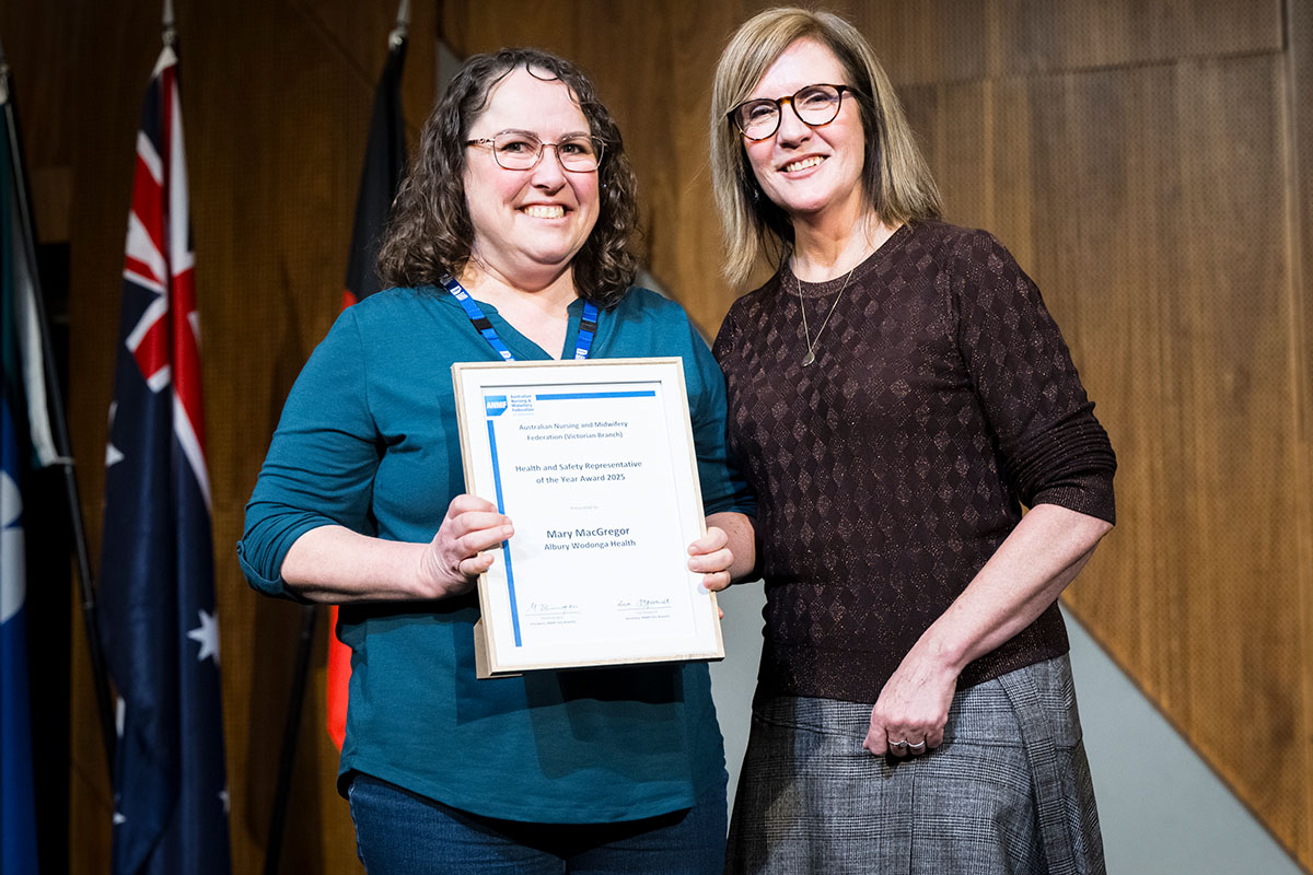 2025 co-HSR of the Year Mary MacGregor with ANMF Federal Secretary Annie Butler. Photo: Christopher Hopkins