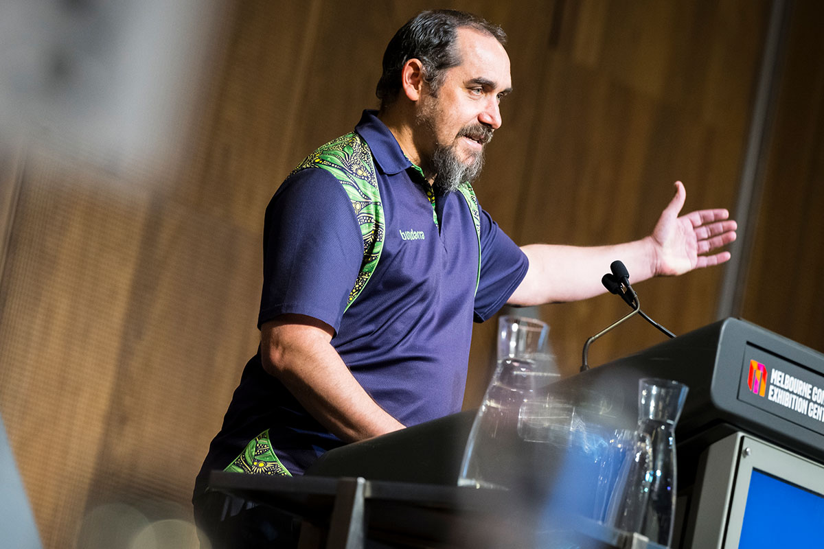 Rueben Berg speaking at the 2025 ANMF (Vic Branch) Delegates Conference. Photo: Christopher Hopkins