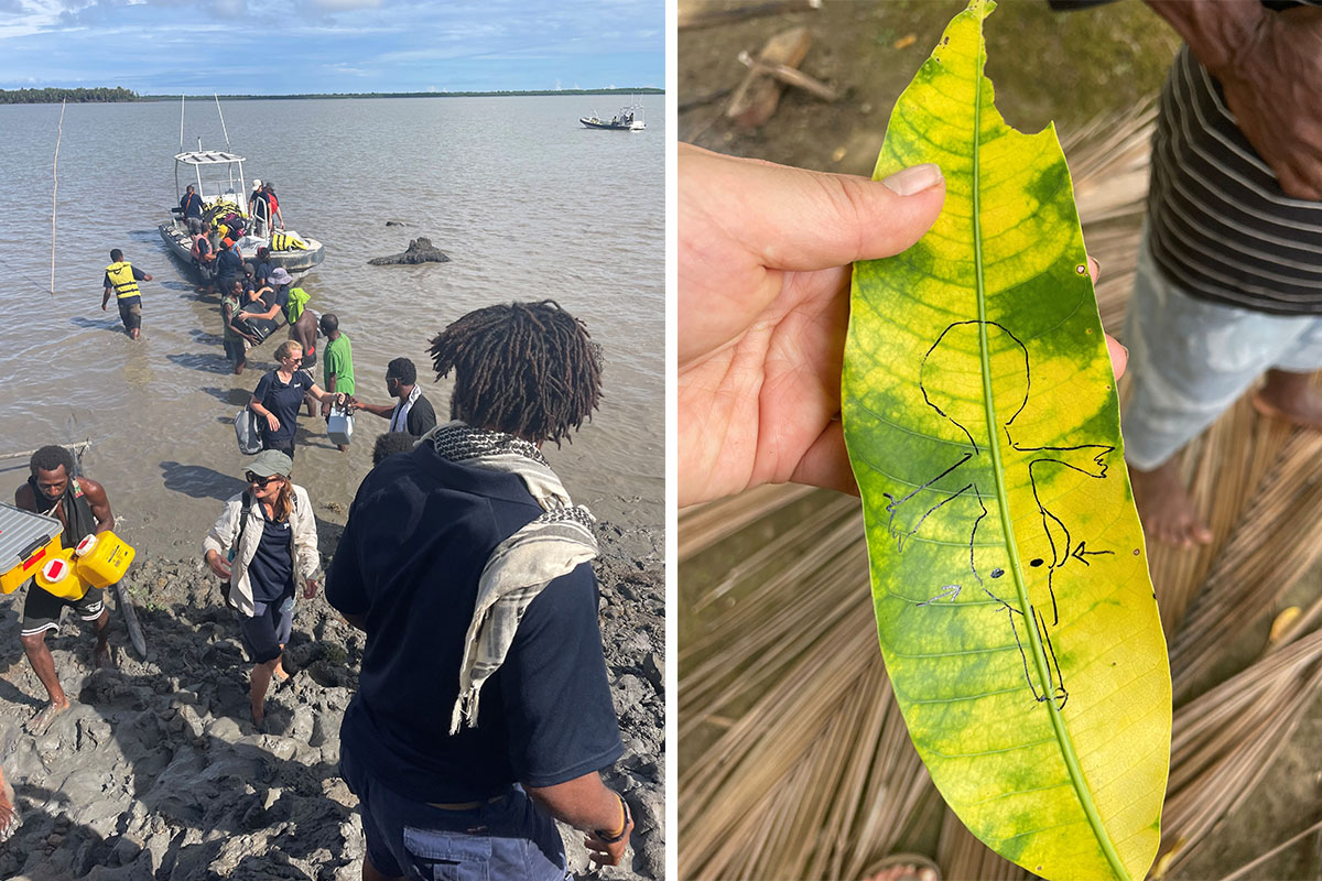 Unloading small boats in PNG, and acupressure points drawn on a piece of leaf. Photo: supplied