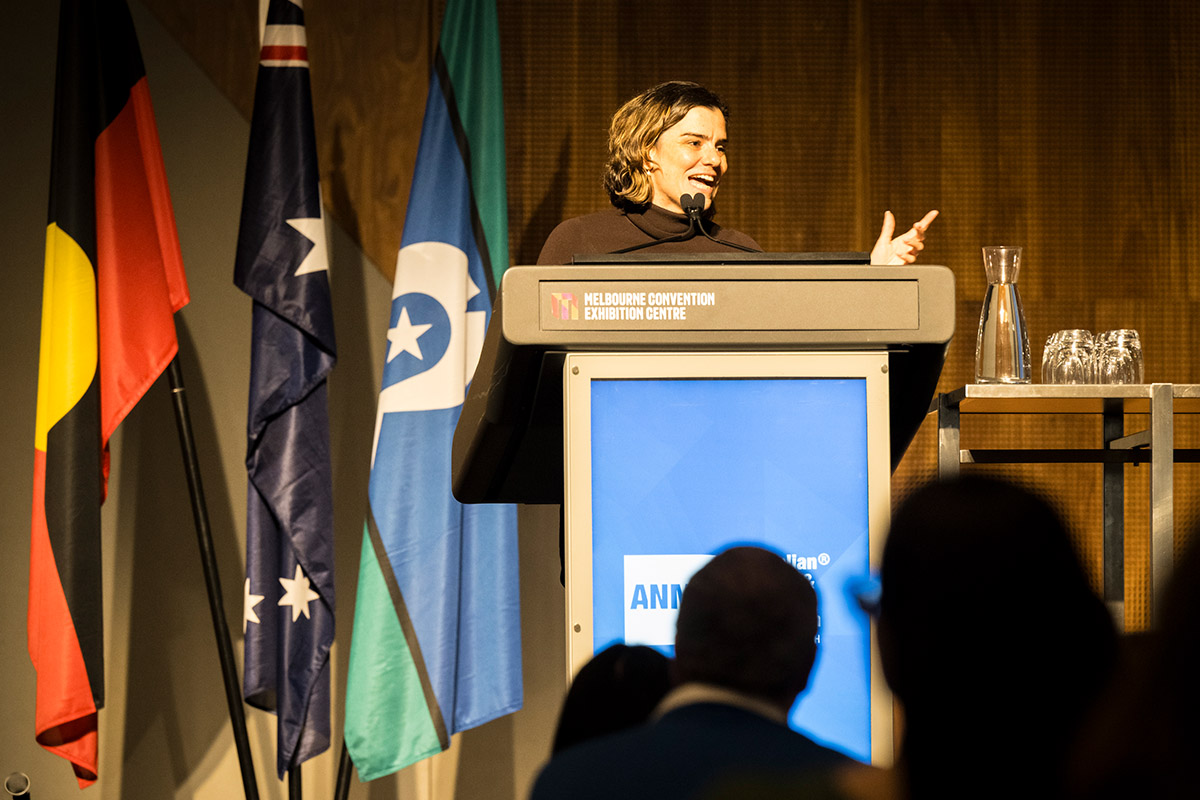 Gellung Warl co-Chair Meriki Onus speaking at the 2026 ANMF (Vic Branch) Delegates Conference. Photo: Christopher Hopkins