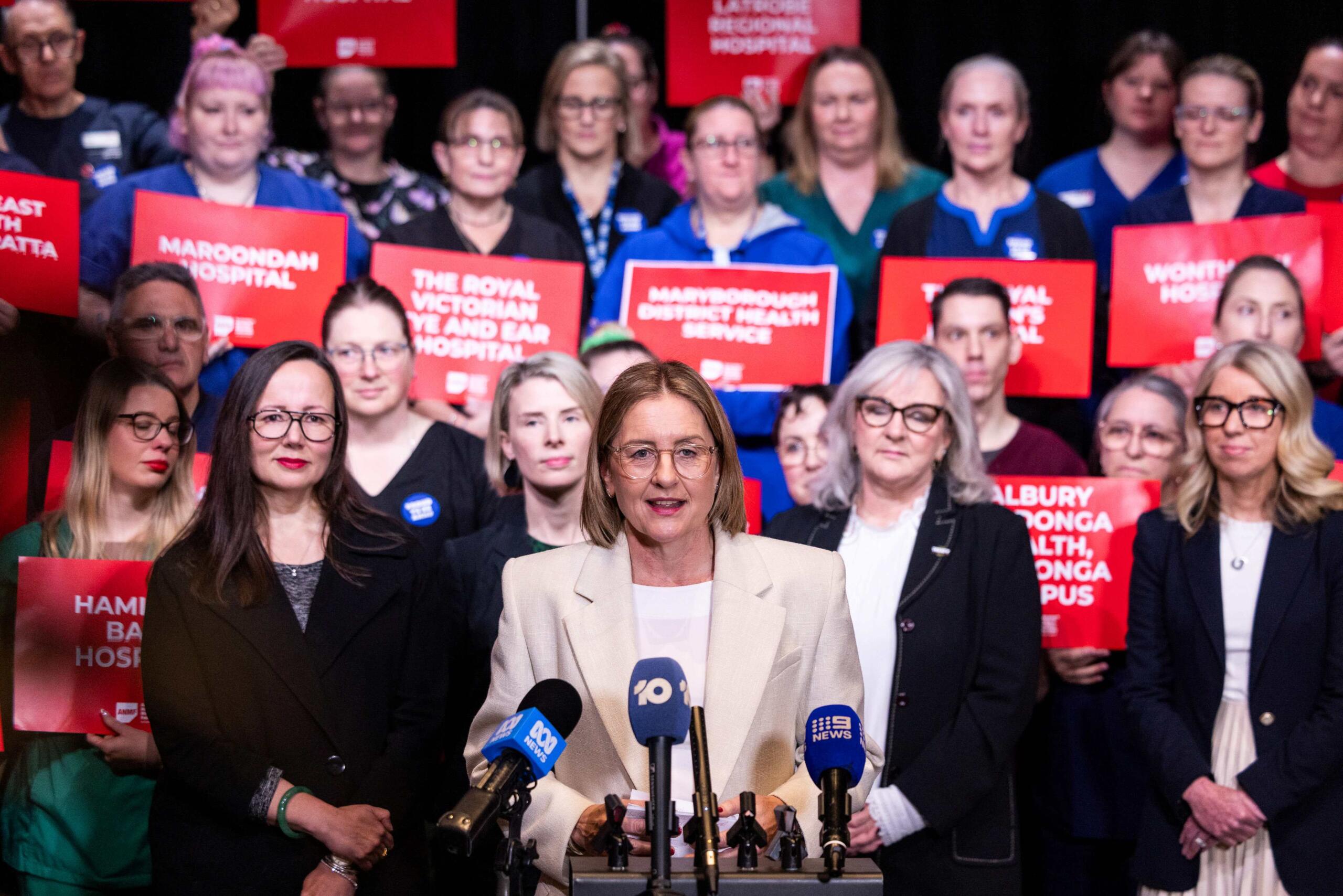 Premier Jacinta Allan and Health Minister Harriet Shing at the public hospital reclassification review legislation announcement