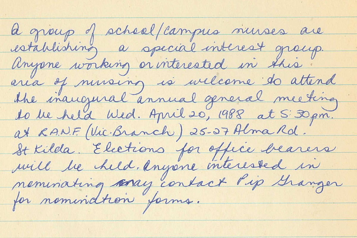 An invitation to join the new RANF Victorian School Nurses Special Interest Group, 1988