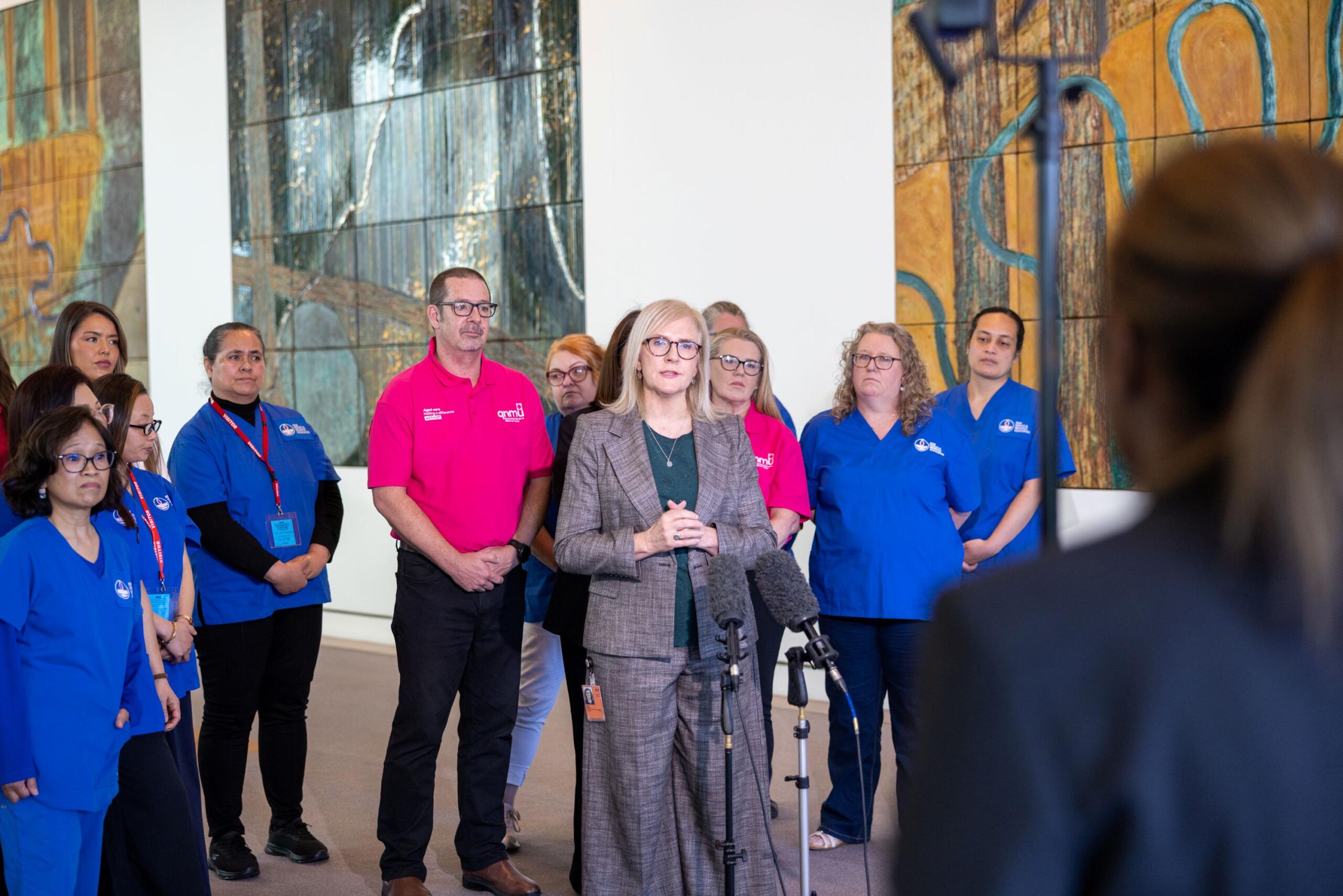 ANMF Federal Secretary Annie Butler with members launching the new aged care campaign at Federal Parliament House in Canberra. Photo: Ben Appleton